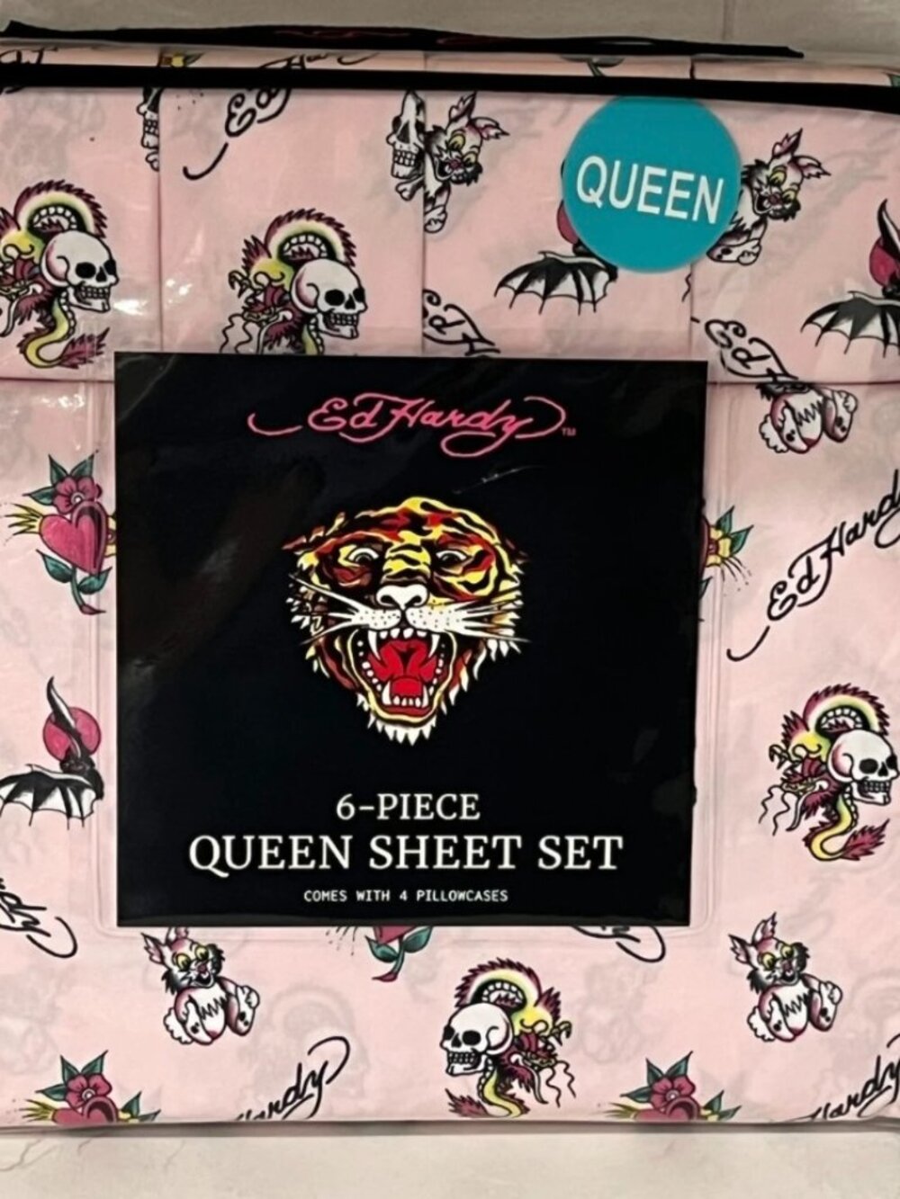 ED HARDY Queen Pink Sheet Set 6pc New Skull Dragon Bunny Bats Heart Grunge Y2K